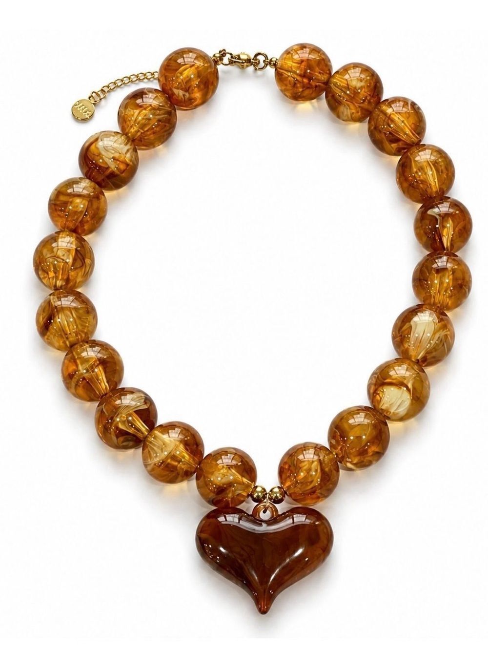 Amber Color Bead Heart Necklace — Golden Brown Statement Pendant